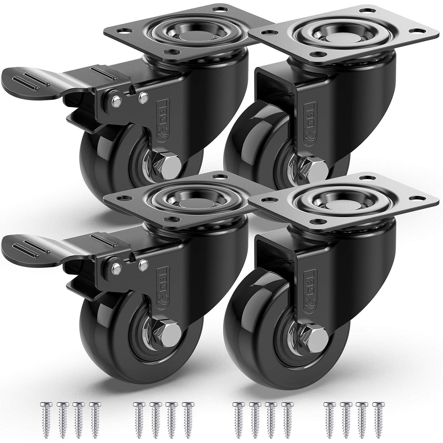 GBL 2-Inch Heavy-Duty Caster Wheels with Dual Brakes and Screws - Supports Up to 440 lbs - Set of 4 Silent Rubber Trolley Wheels for Furniture - Black Finish