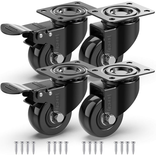 GBL 2-Inch Heavy-Duty Caster Wheels with Dual Brakes and Screws - Supports Up to 440 lbs - Set of 4 Silent Rubber Trolley Wheels for Furniture - Black Finish