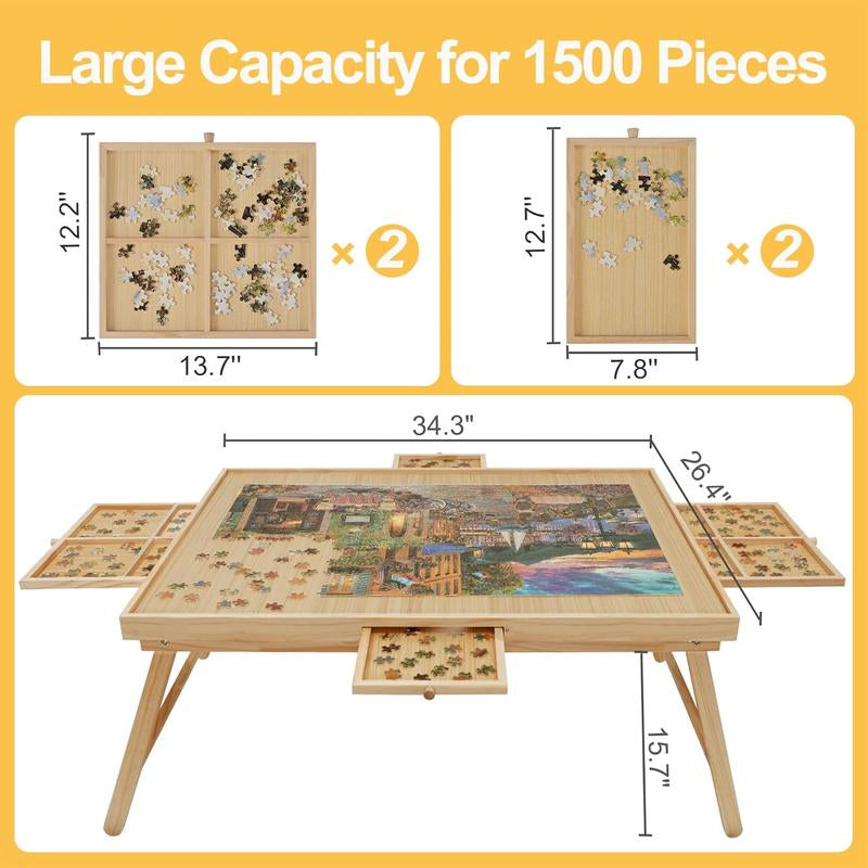 TEAKMAMA 1500-Piece Wooden Jigsaw Puzzle Table with Legs, 4 Drawers & Protective Cover - Portable 34” x 26.3” Folding Puzzle Board for Adults