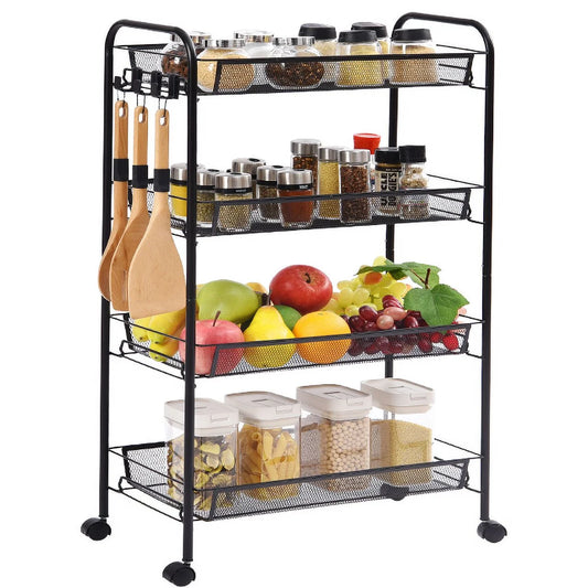4-Tier Metal Rolling Cart with Wheels - Versatile Storage Solution for Office and Educational Environments - Elegant Black Finish