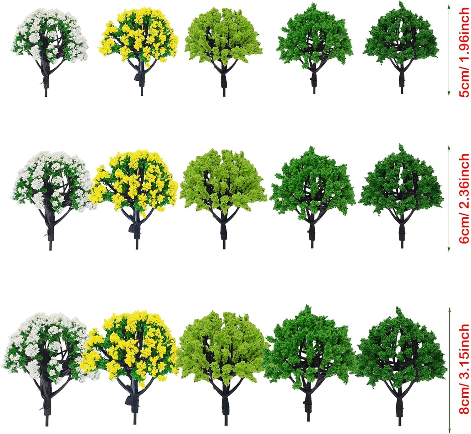 Cayway 44-Piece Colorful Model Trees Set (1.3-3.2 Inches) - Perfect for Train Scenery and Architectural Models, Base-Free DIY Craft Accessories