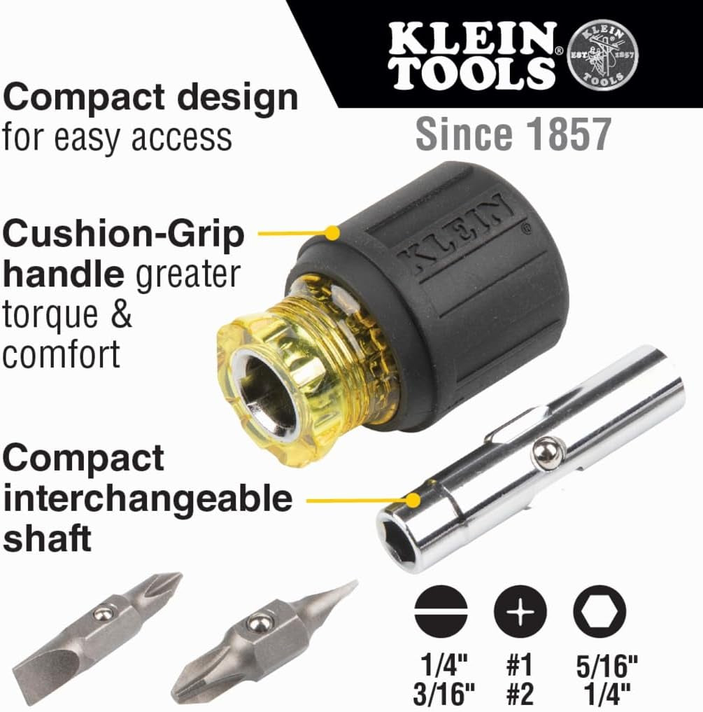 Klein Tools 32561 6-in-1 Stubby Multi-Bit Screwdriver and Nut Driver with Dual Phillips, Slotted, and Nut Driver Options
