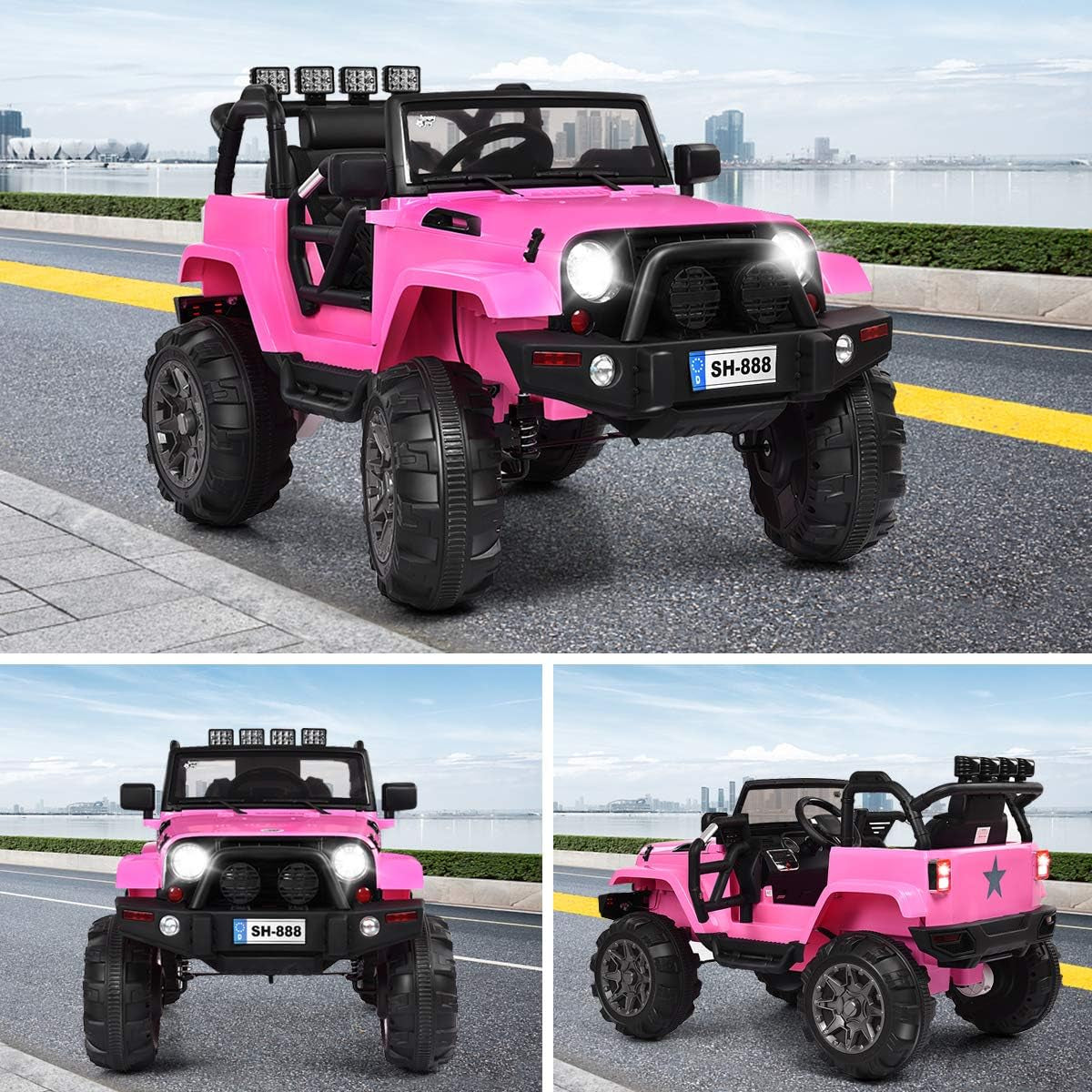 HONEY JOY 12V Electric Ride-On Truck for Children with Remote Control, Spring Suspension, LED Lighting, Functional Doors, and Safety Belt - Pink Toddler 4-Wheeler