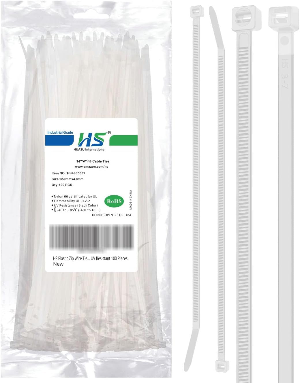 HS 10-Inch White Nylon Cable Ties, 50 lbs Strength, Medium Clear Straps for Bike, Car, and Cord Management - 100 Pack