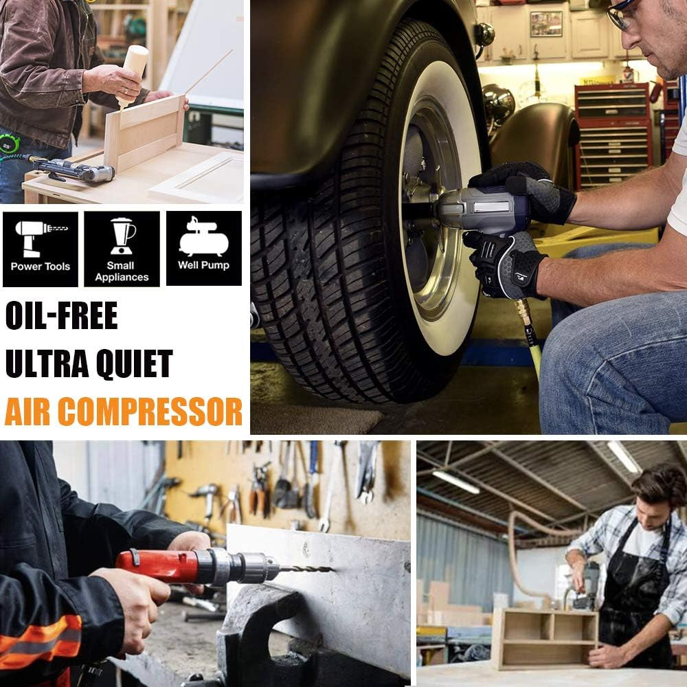 Professional Ultra Quiet Oil-Free Portable Air Compressor with Dual Outlet, 4 CFM at 125 PSI, 2 Gallon Tank, Lightweight Design (42 lbs), 110V/650W