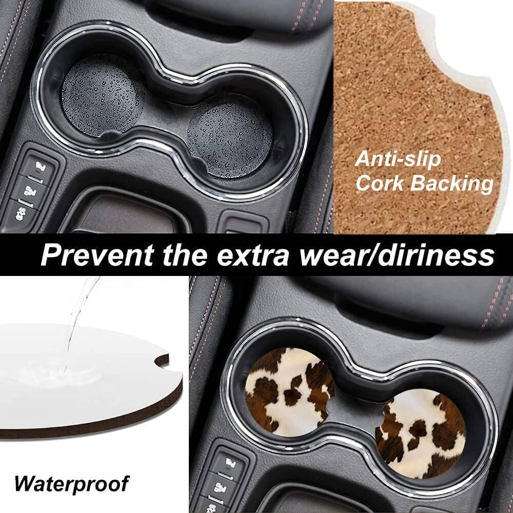 Absorbent Cowhide Car Coasters - Set of 2, Ceramic Stone Drink Holders with Finger Notch and Farm Animal Print Design