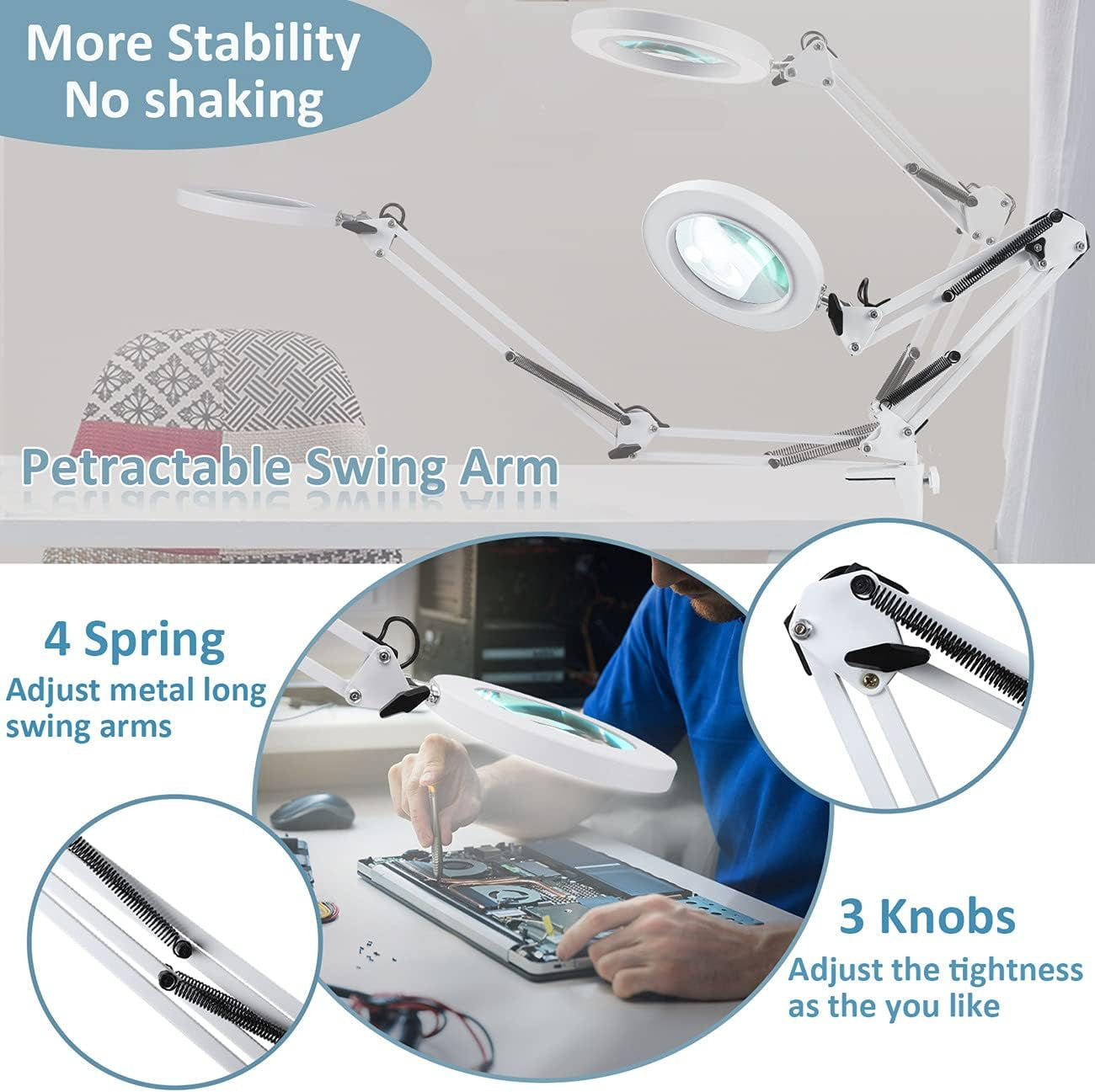 LANCOSC 10X LED Magnifying Glass with Adjustable Stand - Premium Glass Lens, Three Color Modes, and Stepless Dimming for Enhanced Crafting, Reading, and Repair - White