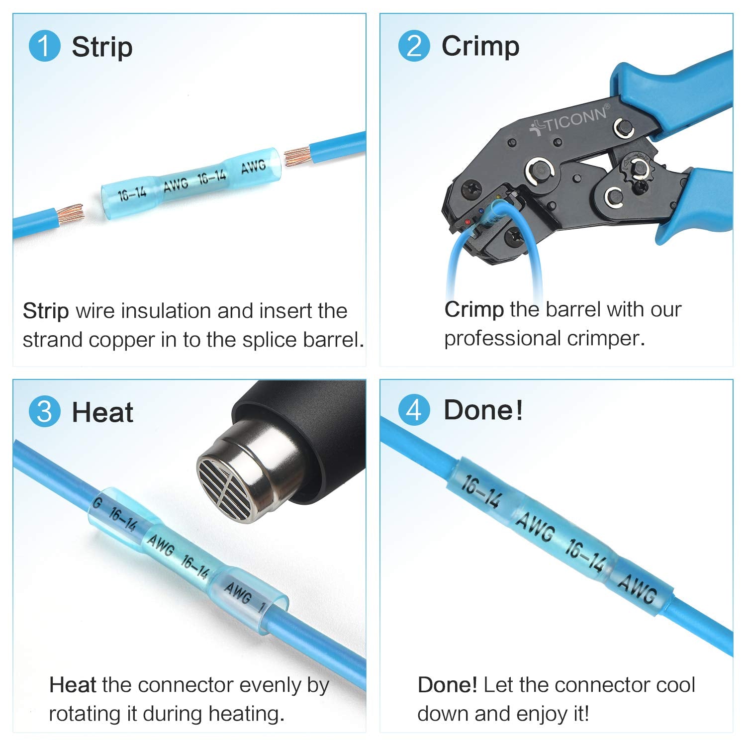 TICONN 100-Piece Insulated Waterproof Heat Shrink Butt Wire Connector Kit for Marine and Automotive Applications