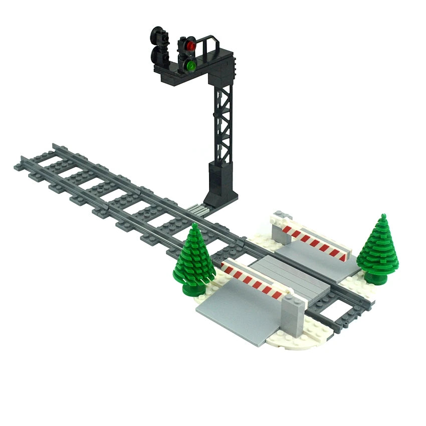 City Train Tracks & Station Building Blocks Set - Mini Signs, Signal Lights, Straight & Curved Rails for Creative Railway Models
