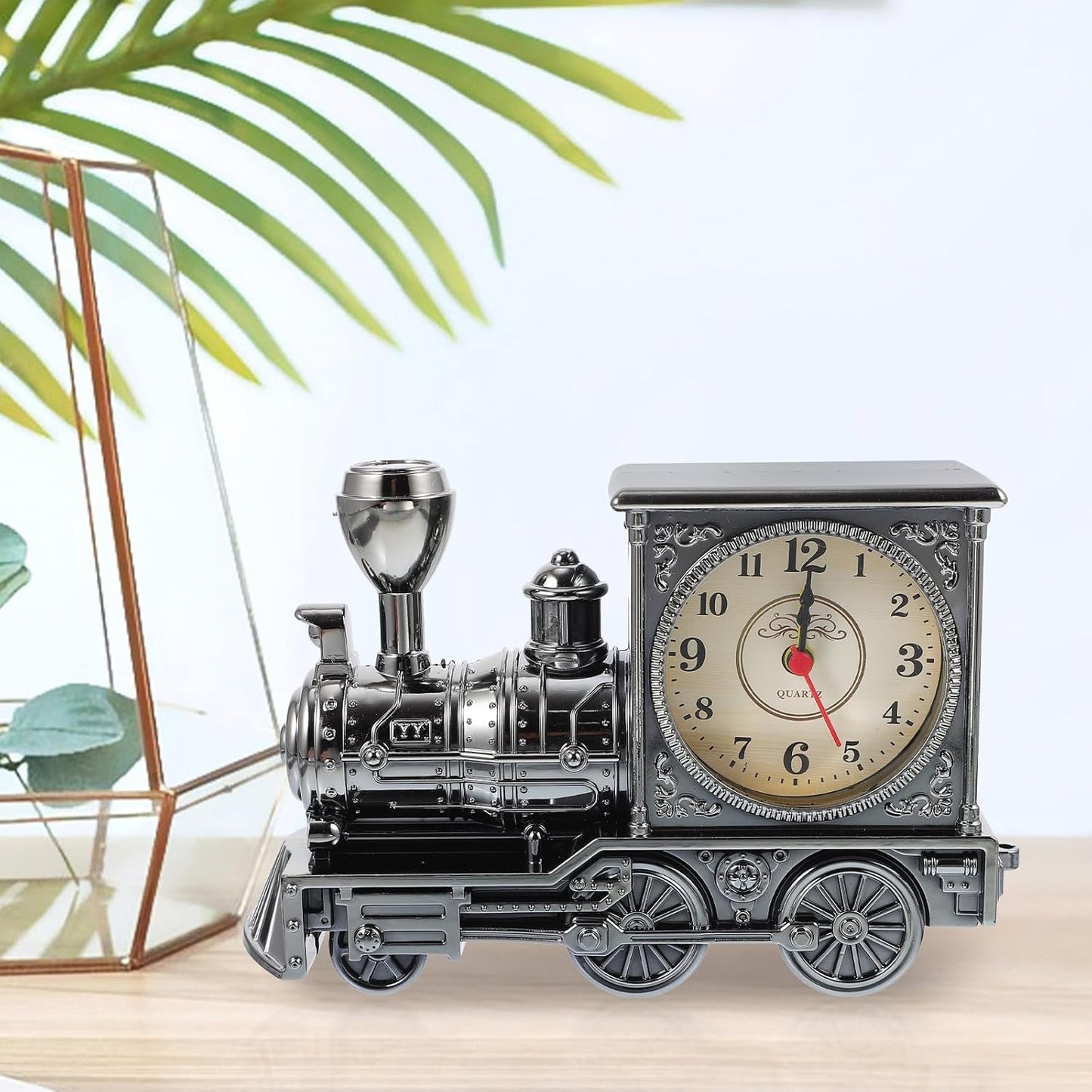 FAVOMOTO Grey Retro Train Clock - Stylish Steampunk Locomotive Table Decor for Home & Office (Battery Not Included)