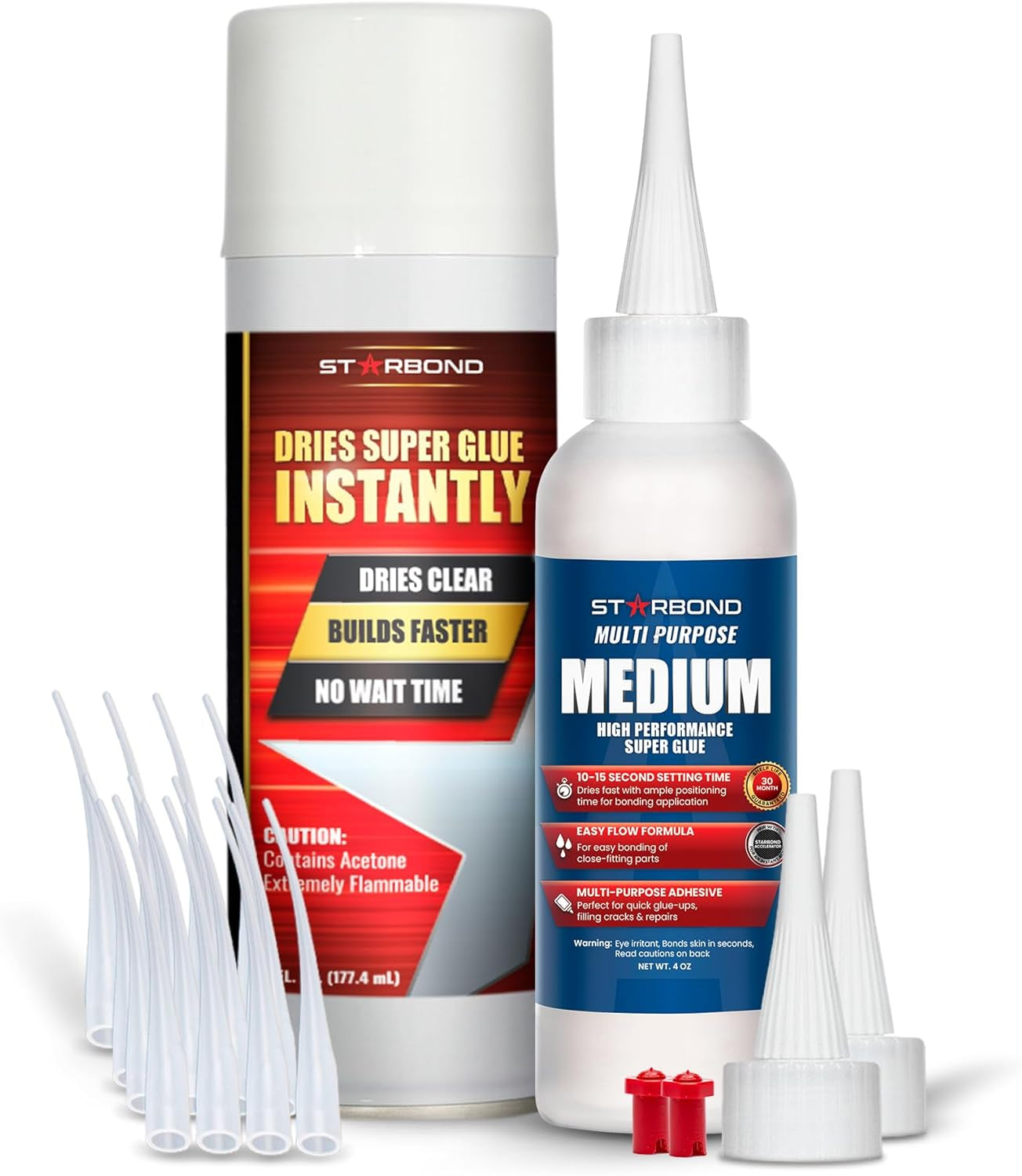 Starbond Medium Super Glue Professional Kit - High-Performance Adhesive for Precision Repairs and Woodworking (2 Oz) with Clog-Resistant Cap and Additional Nozzle