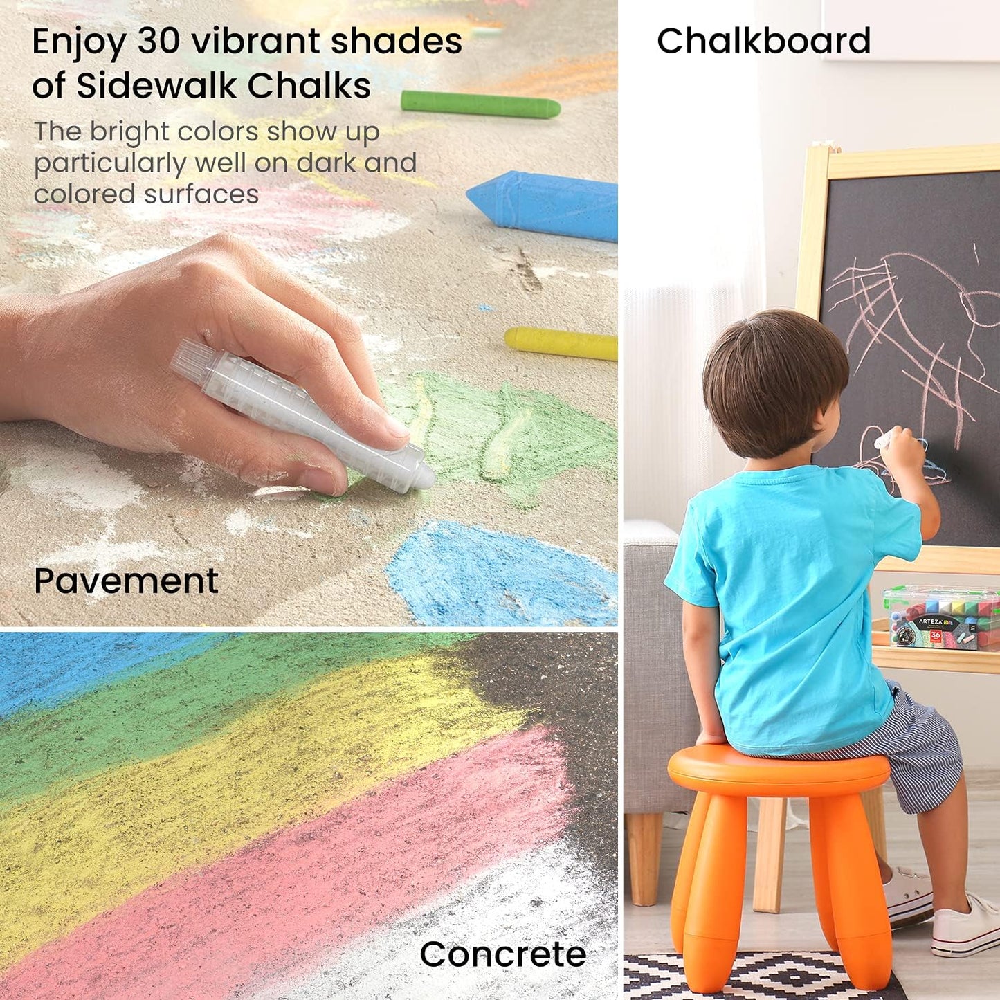 Arteza 36-Piece Washable Sidewalk Chalk Set for Children – Ergonomic Design with Game Guide Included