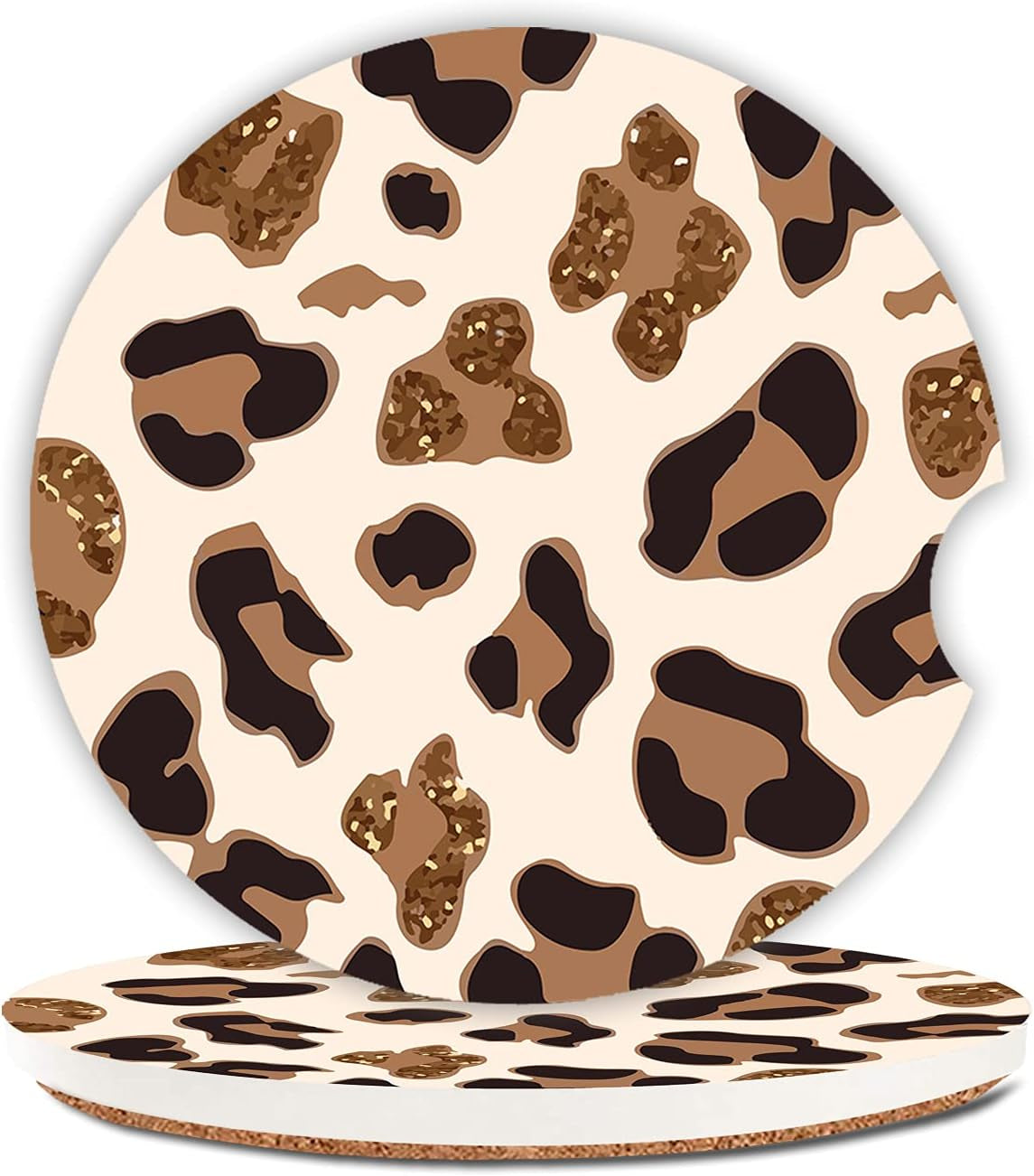 Absorbent Cowhide Car Coasters - Set of 2, Ceramic Stone Drink Holders with Finger Notch and Farm Animal Print Design