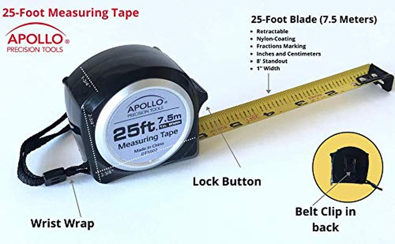 Apollo Tools 25-Foot Measuring Tape with Retractable Blade, Fraction Markings, 1-Inch Nylon Blade, 8-Foot Standout, Lock Button, and Belt Clip - Black - Model DT5002