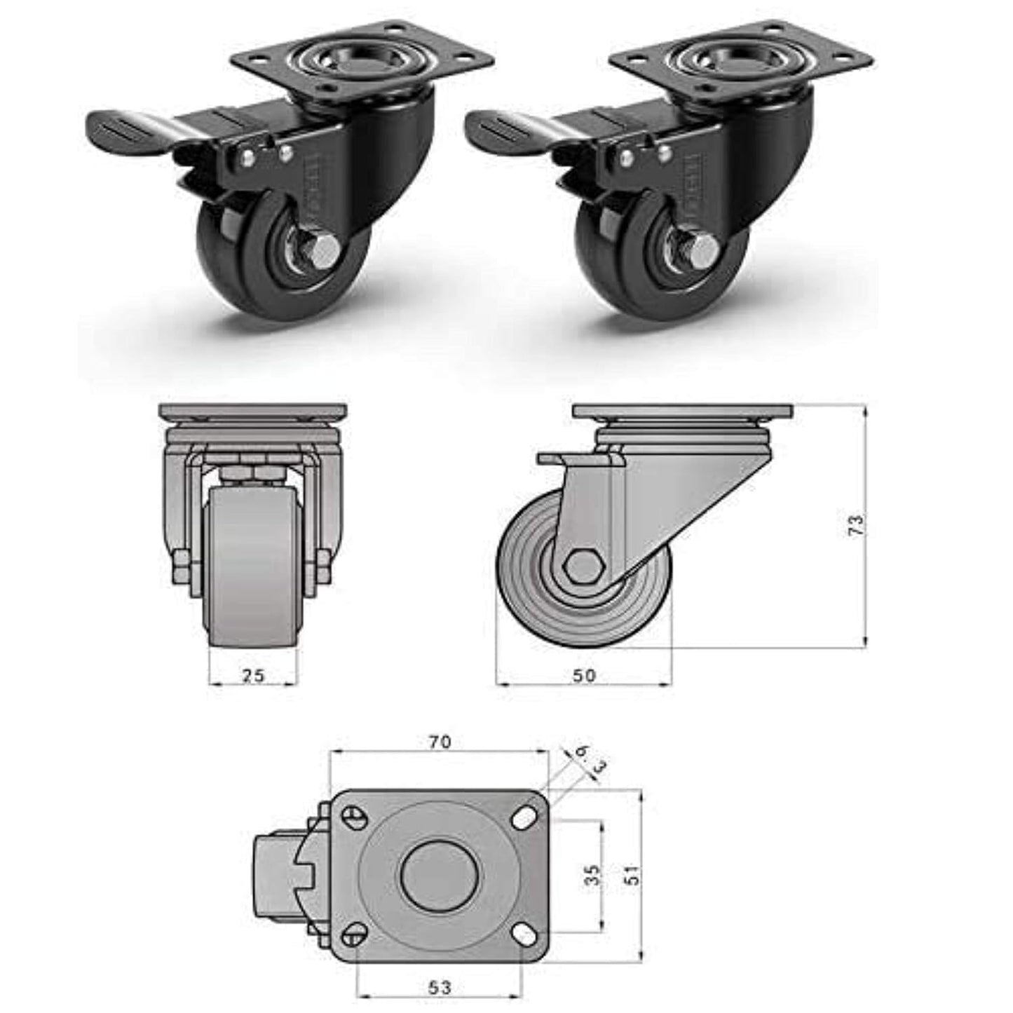 GBL 2-Inch Heavy-Duty Caster Wheels with Dual Brakes and Screws - Supports Up to 440 lbs - Set of 4 Silent Rubber Trolley Wheels for Furniture - Black Finish