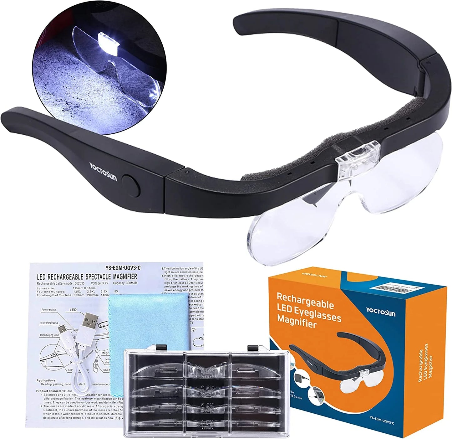 Rechargeable LED Head Magnifier Glasses with Detachable Lenses – Ideal for Reading and Hobbies!