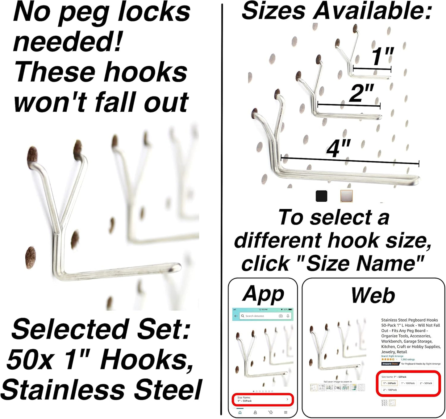Premium Stainless Steel Pegboard Hooks - 50-Pack, 1-Inch L Design for Optimal Tool, Craft, Kitchen, and Retail Display Organization