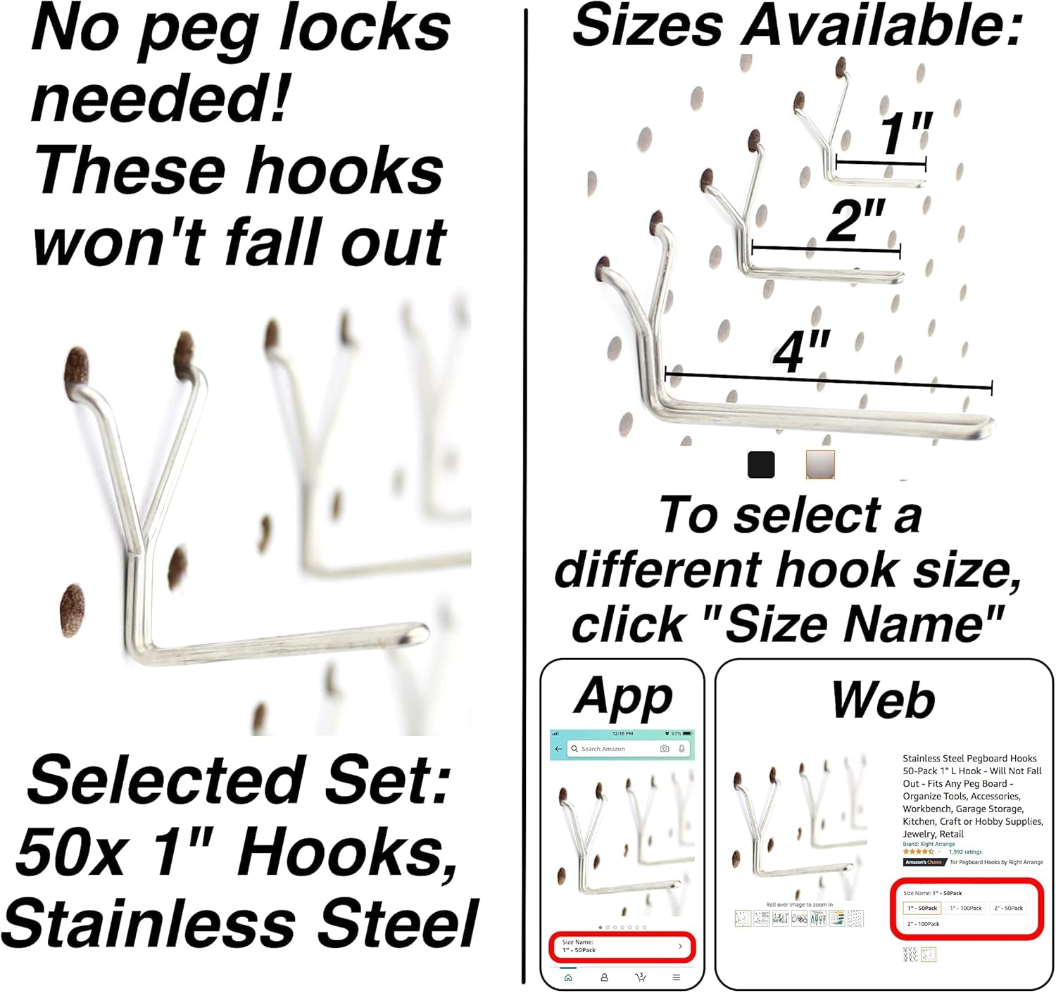 Premium Stainless Steel Pegboard Hooks - 50-Pack, 1-Inch L Design for Optimal Tool, Craft, Kitchen, and Retail Display Organization