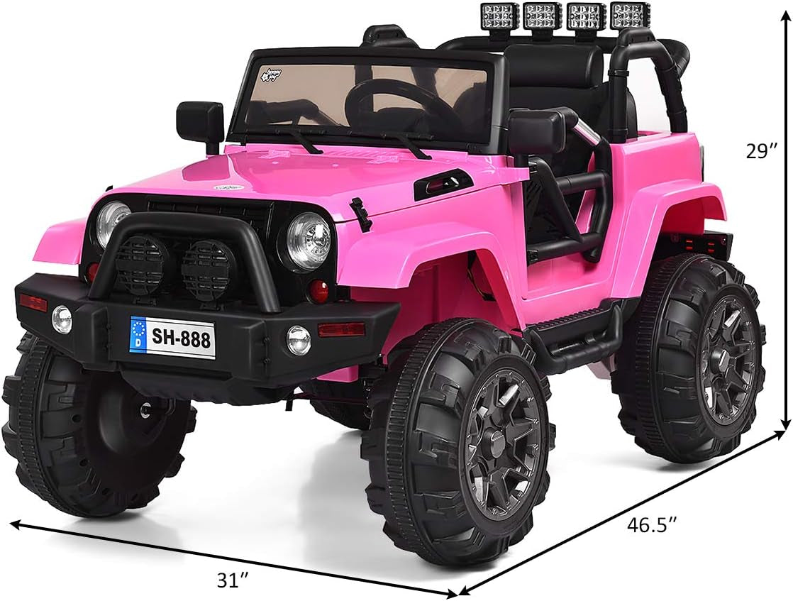 HONEY JOY 12V Electric Ride-On Truck for Children with Remote Control, Spring Suspension, LED Lighting, Functional Doors, and Safety Belt - Pink Toddler 4-Wheeler
