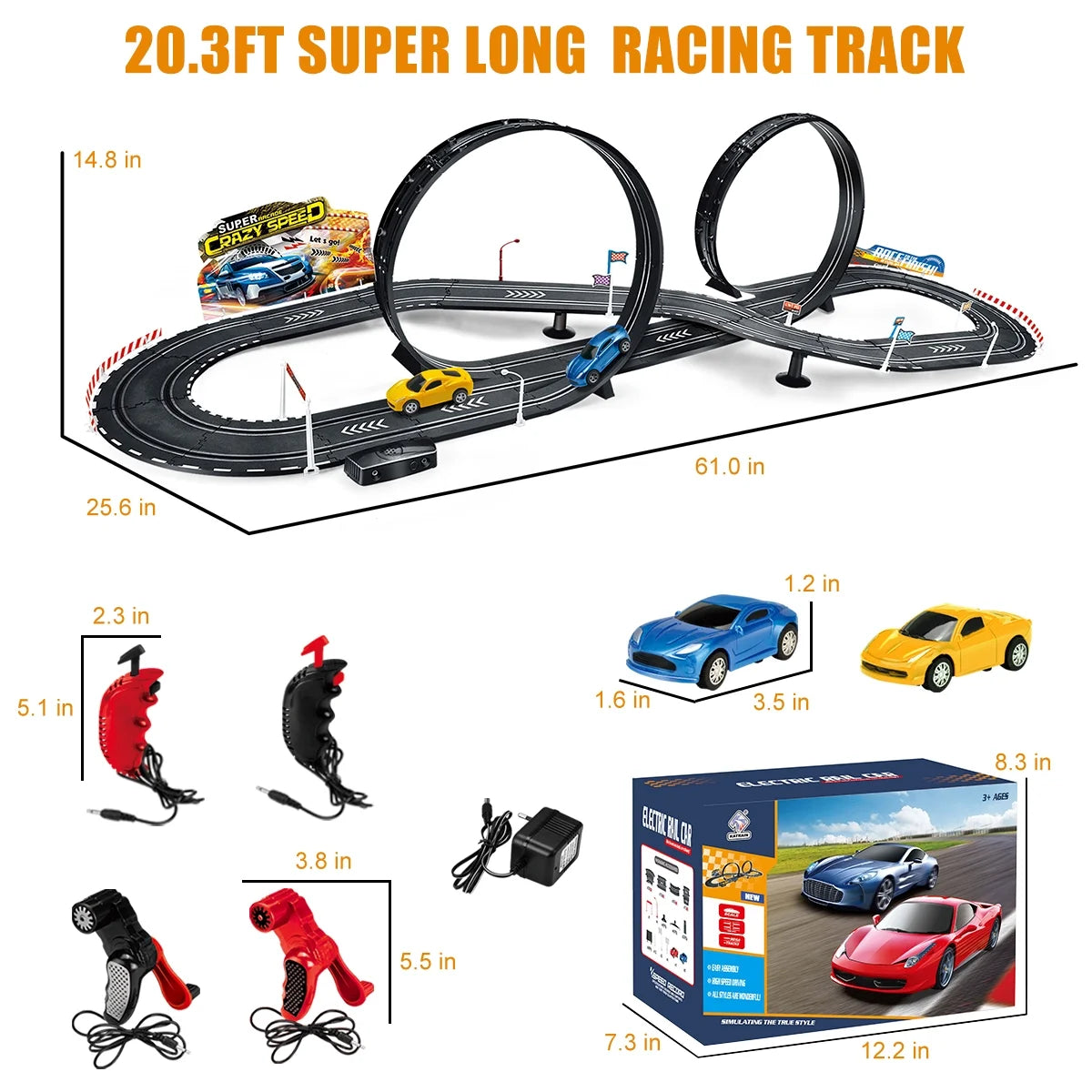 20-Foot Electric and Hand-Shake Slot Car Racing Track Set for Ages 4-12 - Dual Race Track with Cars for Boys and Girls