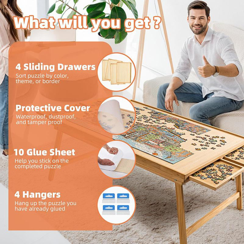 TEAKMAMA 1500-Piece Wooden Jigsaw Puzzle Table with Legs, 4 Drawers & Protective Cover - Portable 34” x 26.3” Folding Puzzle Board for Adults