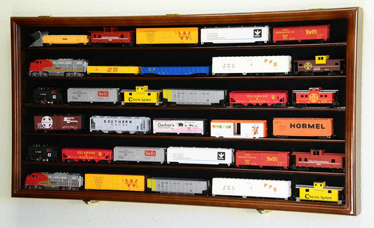 Premium Lockable Walnut HO Scale Model Train Display Case - 98% UV Protection