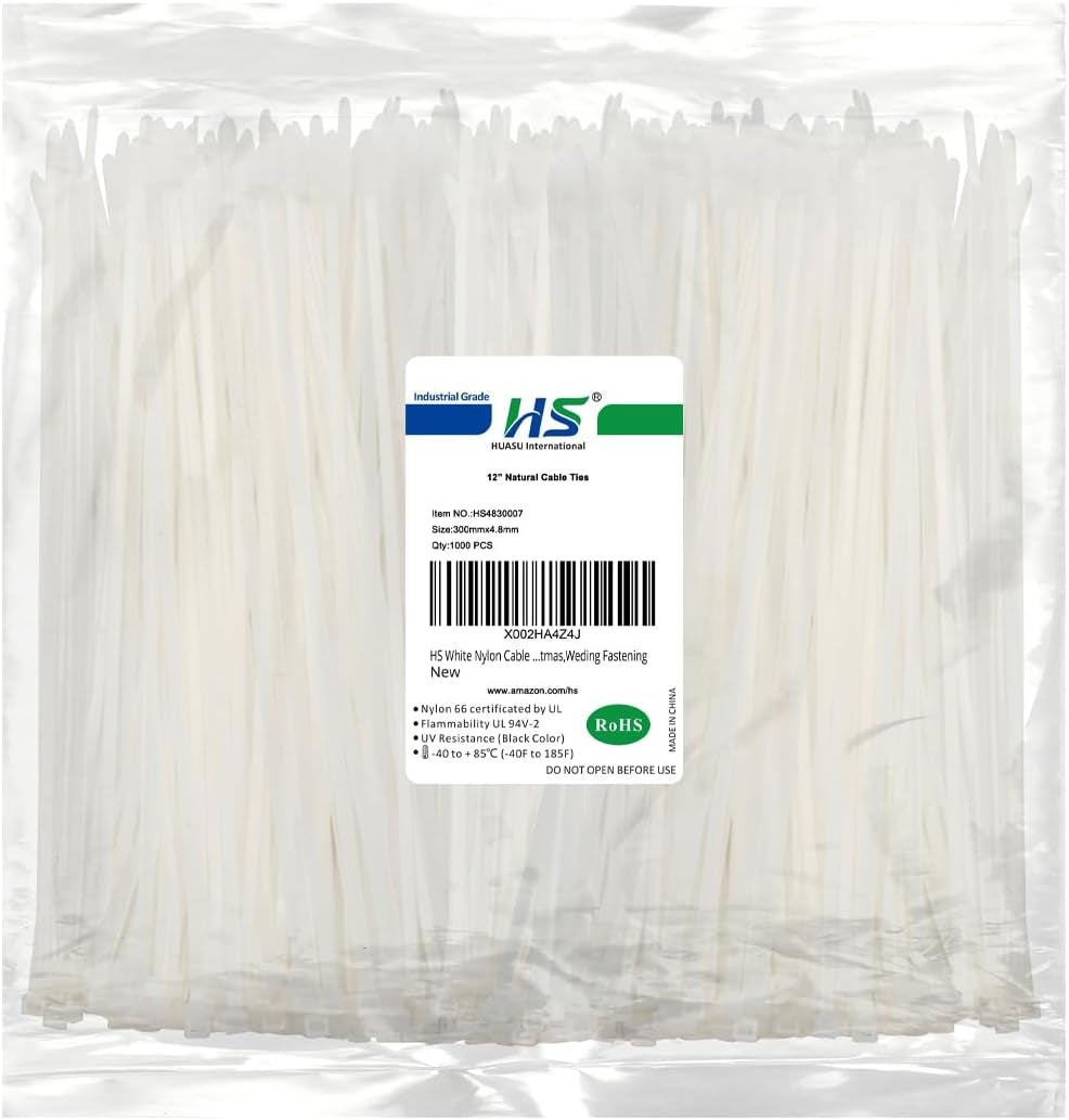 HS 10-Inch White Nylon Cable Ties, 50 lbs Strength, Medium Clear Straps for Bike, Car, and Cord Management - 100 Pack