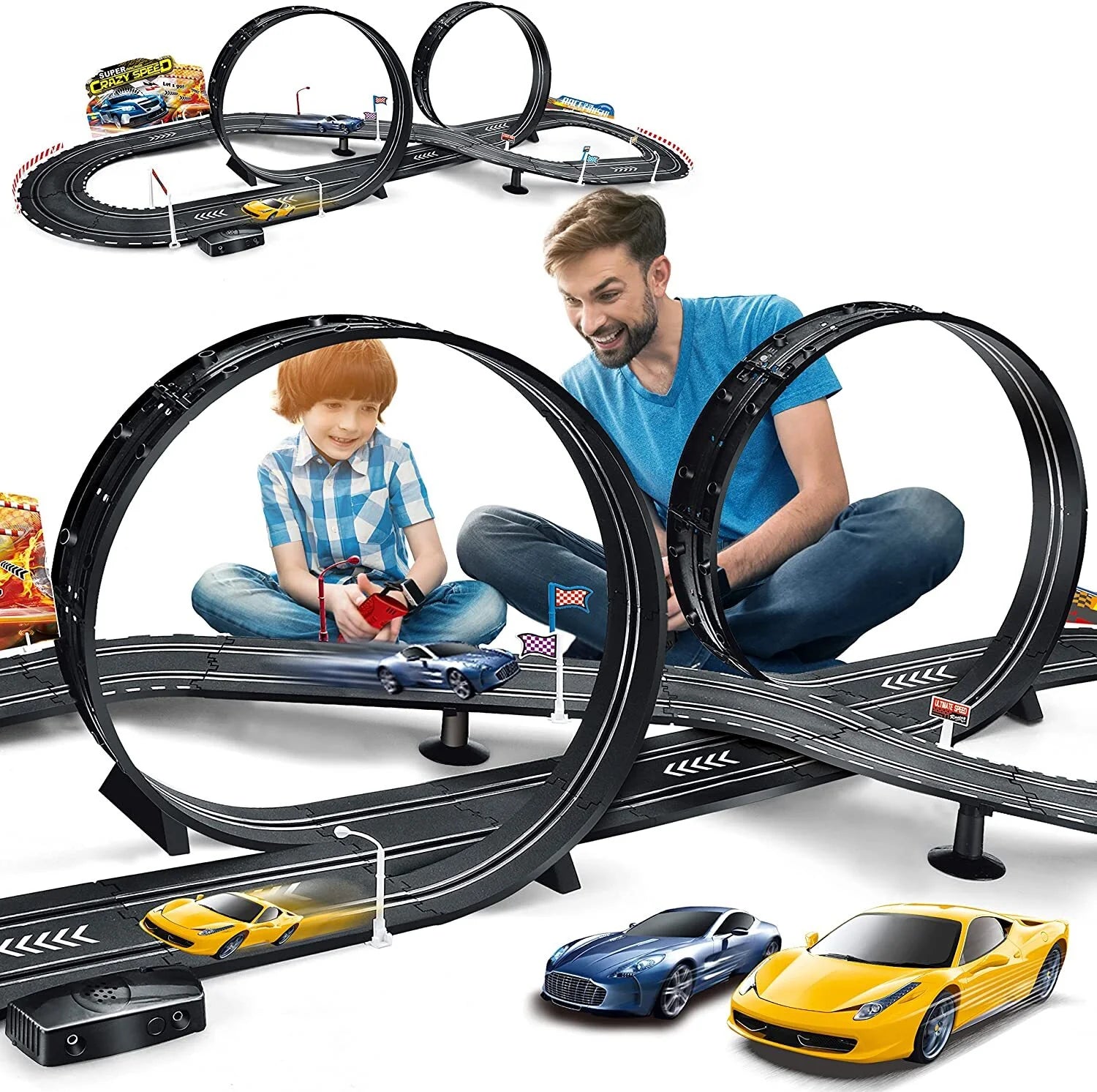 20-Foot Electric and Hand-Shake Slot Car Racing Track Set for Ages 4-12 - Dual Race Track with Cars for Boys and Girls
