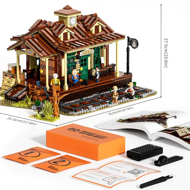 Funwhole Wild West Train Station Building Bricks Set - 1975 Pcs Collectible Playset for Adults and Teens - Perfect Holiday Gift!