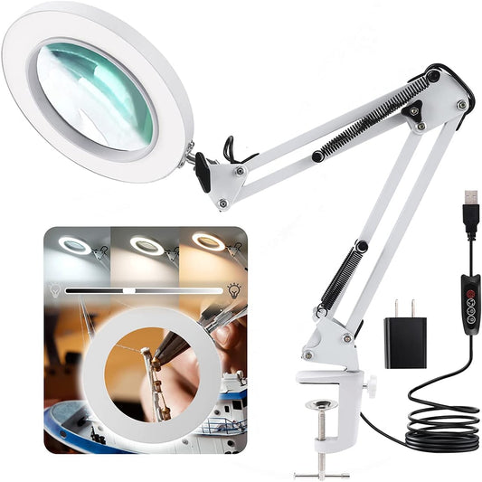 LANCOSC 10X LED Magnifying Glass with Adjustable Stand - Premium Glass Lens, Three Color Modes, and Stepless Dimming for Enhanced Crafting, Reading, and Repair - White