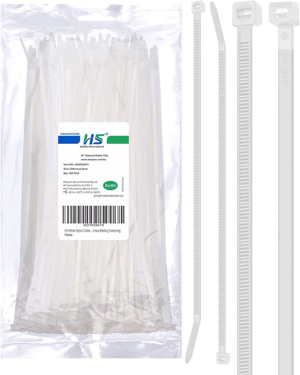 HS 10-Inch White Nylon Cable Ties, 50 lbs Strength, Medium Clear Straps for Bike, Car, and Cord Management - 100 Pack