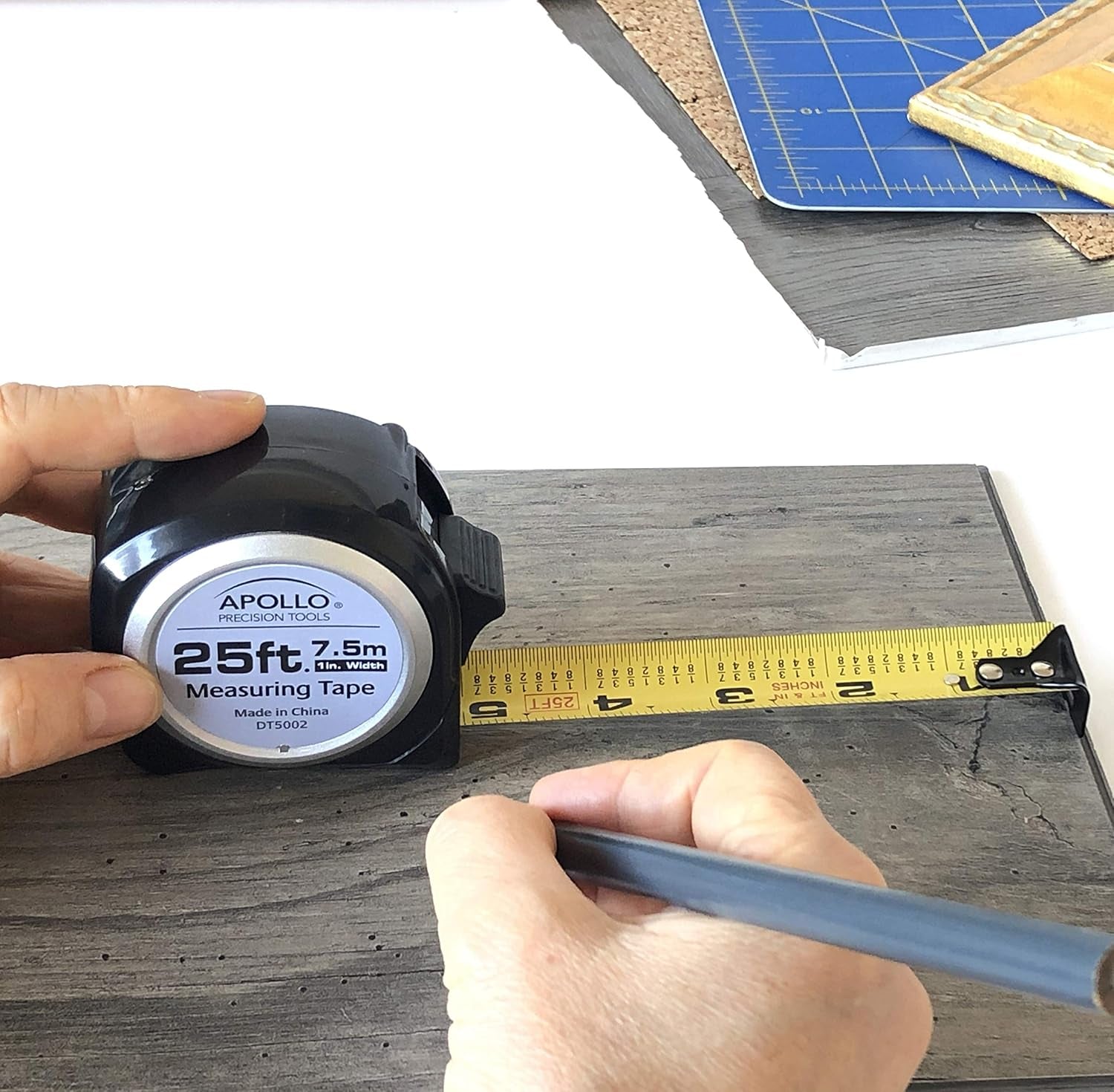 Apollo Tools 25-Foot Measuring Tape with Retractable Blade, Fraction Markings, 1-Inch Nylon Blade, 8-Foot Standout, Lock Button, and Belt Clip - Black - Model DT5002