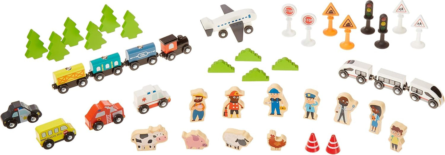 Amazon Basics 120-Piece Wooden Train Set with Table, Durable Tracks, and Storage Bin - Multi-Activity Gift for Children Ages 3 and Up, Dimensions: 48.62 x 18.07 x 7.01 Inches