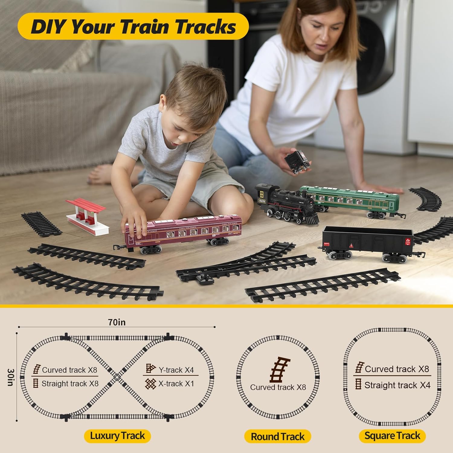 Electric Train Set for Children: Steam Locomotive with Coal Car, Passenger Coach, Cargo Car, Extended Tracks, and Features Smoke, Lights, and Sound - Battery-Powered Railway Kit for Boys and Girls
