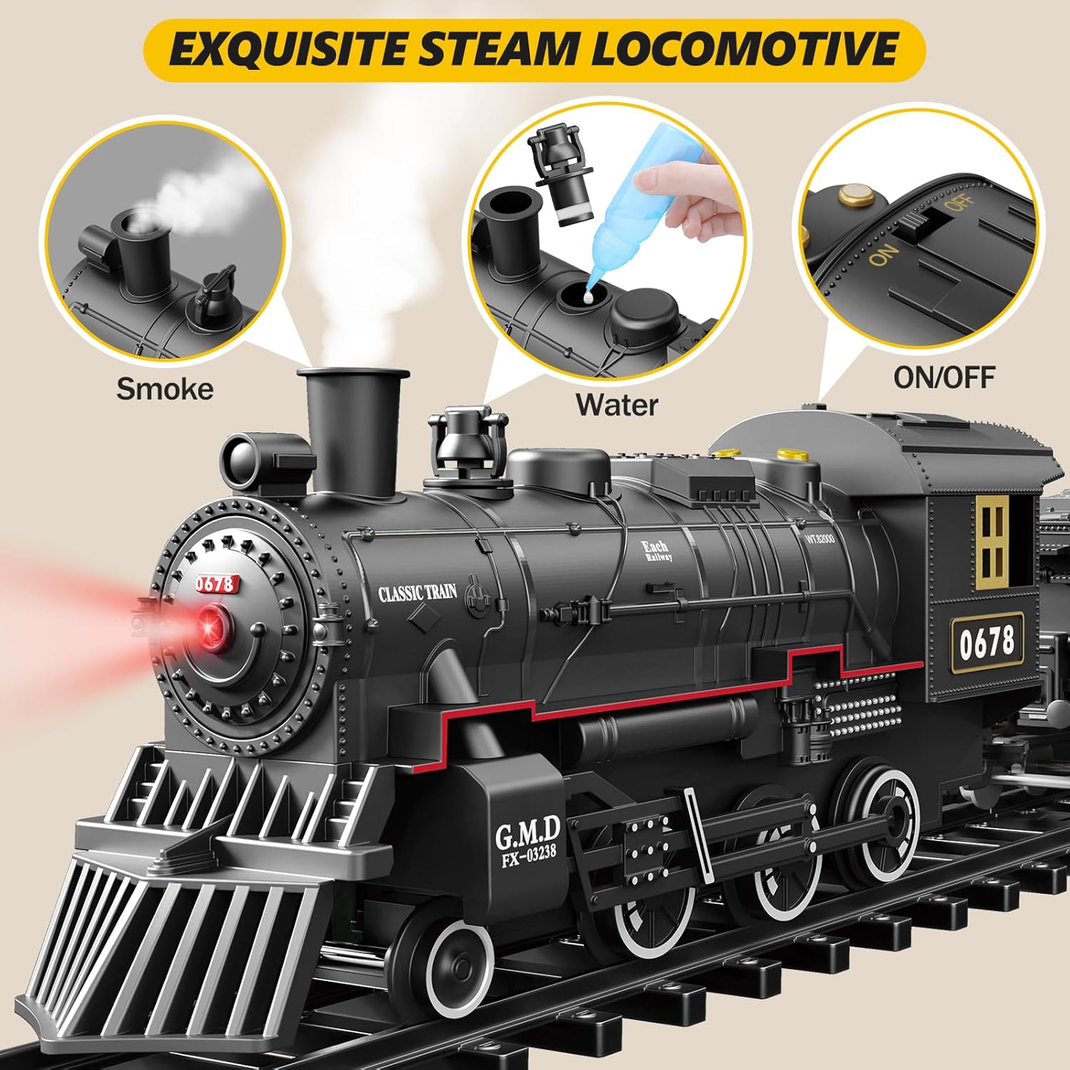 Electric Train Set for Children: Steam Locomotive with Coal Car, Passenger Coach, Cargo Car, Extended Tracks, and Features Smoke, Lights, and Sound - Battery-Powered Railway Kit for Boys and Girls