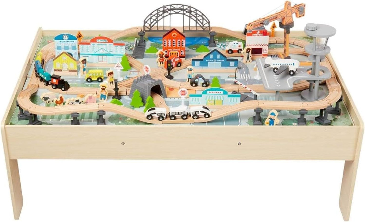 Amazon Basics 120-Piece Wooden Train Set with Table, Durable Tracks, and Storage Bin - Multi-Activity Gift for Children Ages 3 and Up, Dimensions: 48.62 x 18.07 x 7.01 Inches