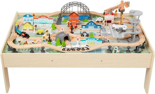 Amazon Basics 120-Piece Wooden Train Set with Table, Durable Tracks, and Storage Bin - Multi-Activity Gift for Children Ages 3 and Up, Dimensions: 48.62 x 18.07 x 7.01 Inches