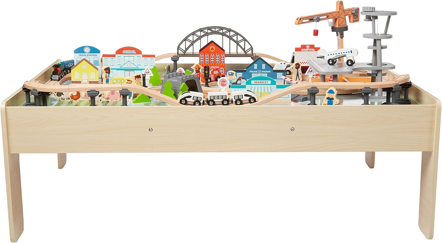 Amazon Basics 120-Piece Wooden Train Set with Table, Durable Tracks, and Storage Bin - Multi-Activity Gift for Children Ages 3 and Up, Dimensions: 48.62 x 18.07 x 7.01 Inches