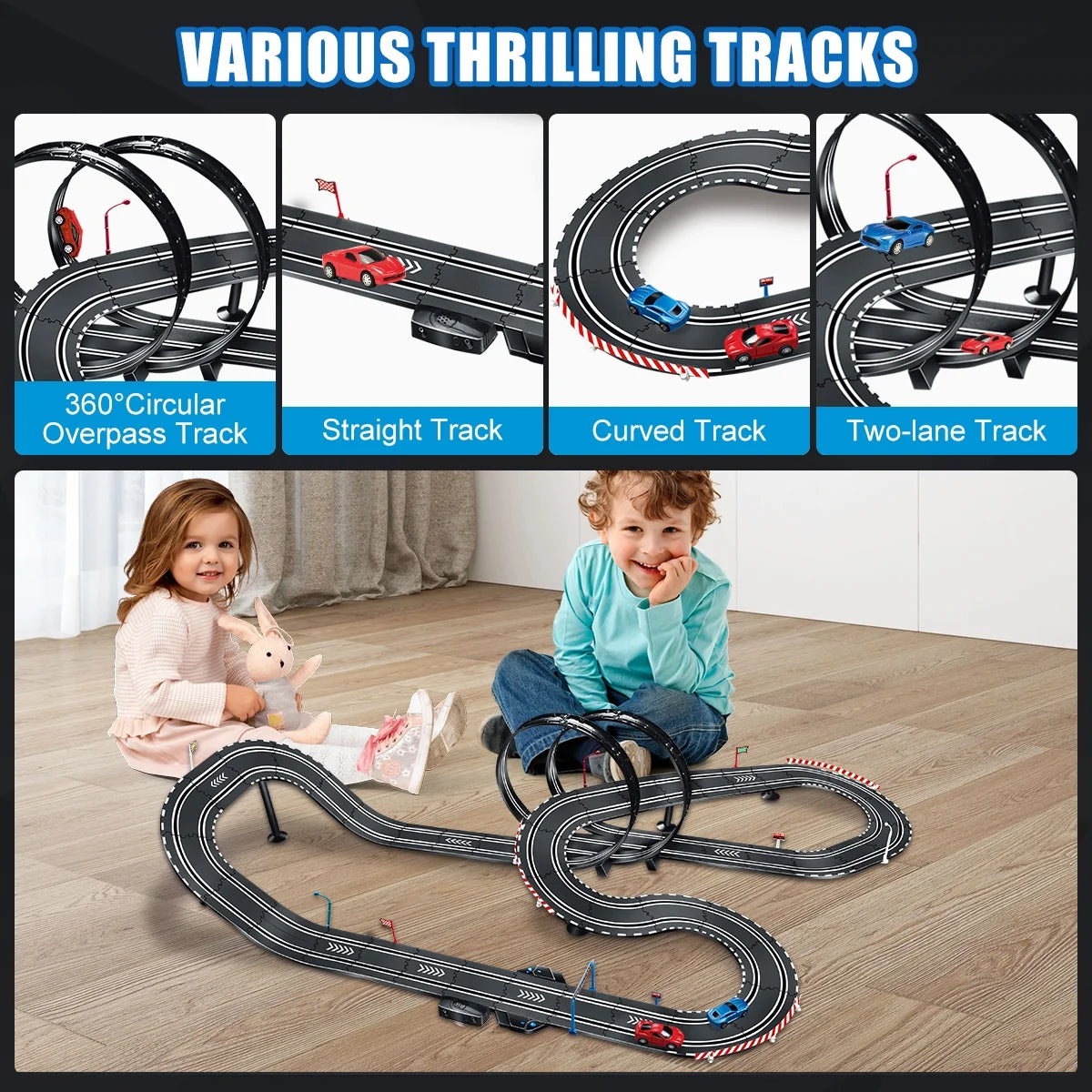 28-Foot Dual Slot Car Racing Track Set with 4 High-Speed Cars, Electric and Manual Controllers, Overpass Design for Children Ages 4-12