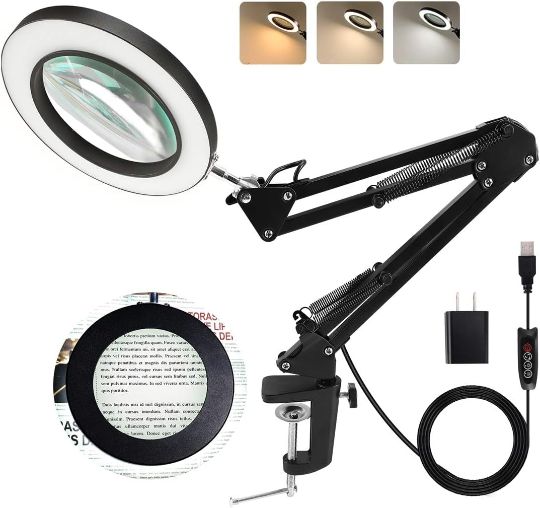 LANCOSC 10X LED Magnifying Glass with Adjustable Stand - Premium Glass Lens, Three Color Modes, and Stepless Dimming for Enhanced Crafting, Reading, and Repair - White
