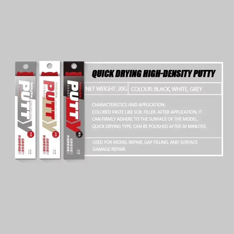 HOBBY MIO Quick-Dry High-Density Putty - 20G Model Joint Filler in Black, White, and Grey for Precision Molding and Repair