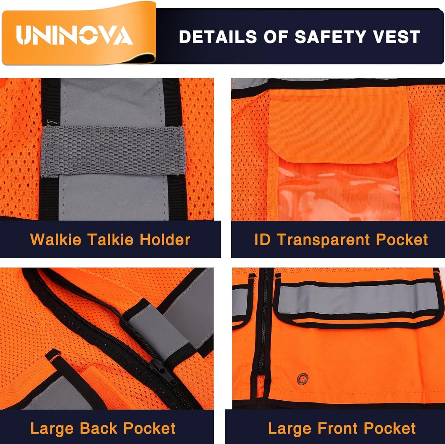 UNINOVA Class 2 High Visibility Reflective Safety Vest for Men with Pockets and Zipper, Ideal for Construction and Surveying Work