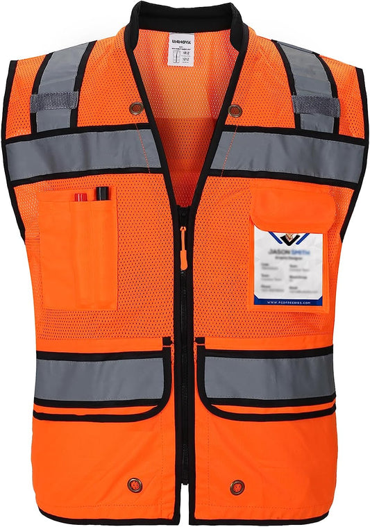 UNINOVA Class 2 High Visibility Reflective Safety Vest for Men with Pockets and Zipper, Ideal for Construction and Surveying Work