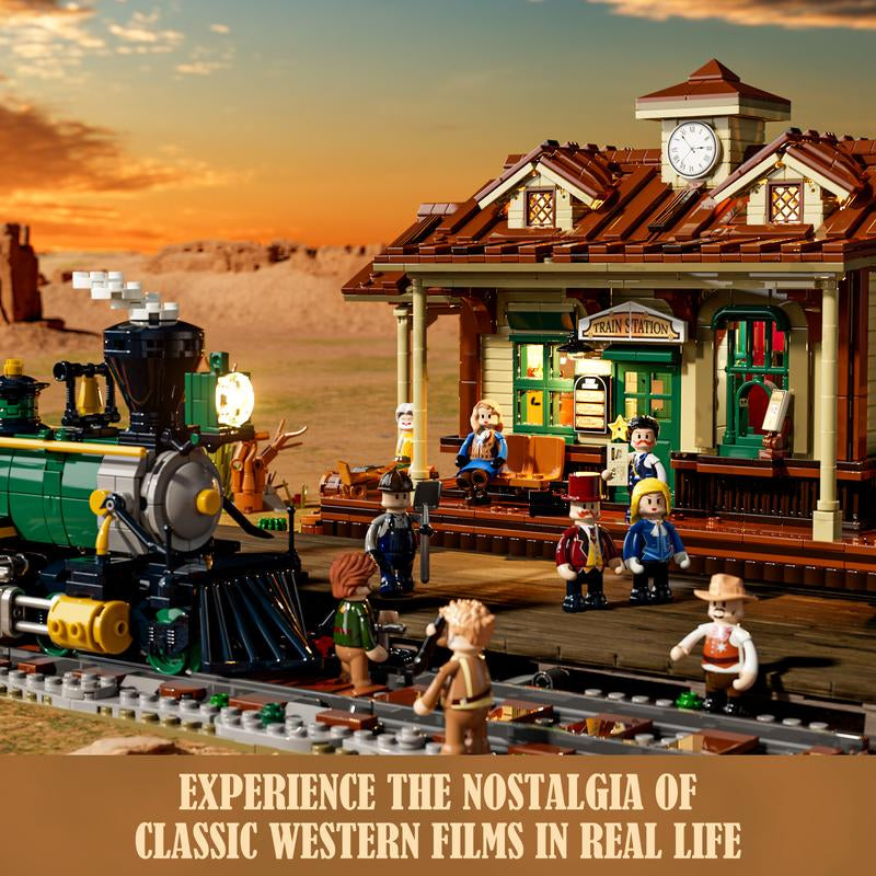 Funwhole Wild West Train Station Building Bricks Set - 1975 Pcs Collectible Playset for Adults and Teens - Perfect Holiday Gift!