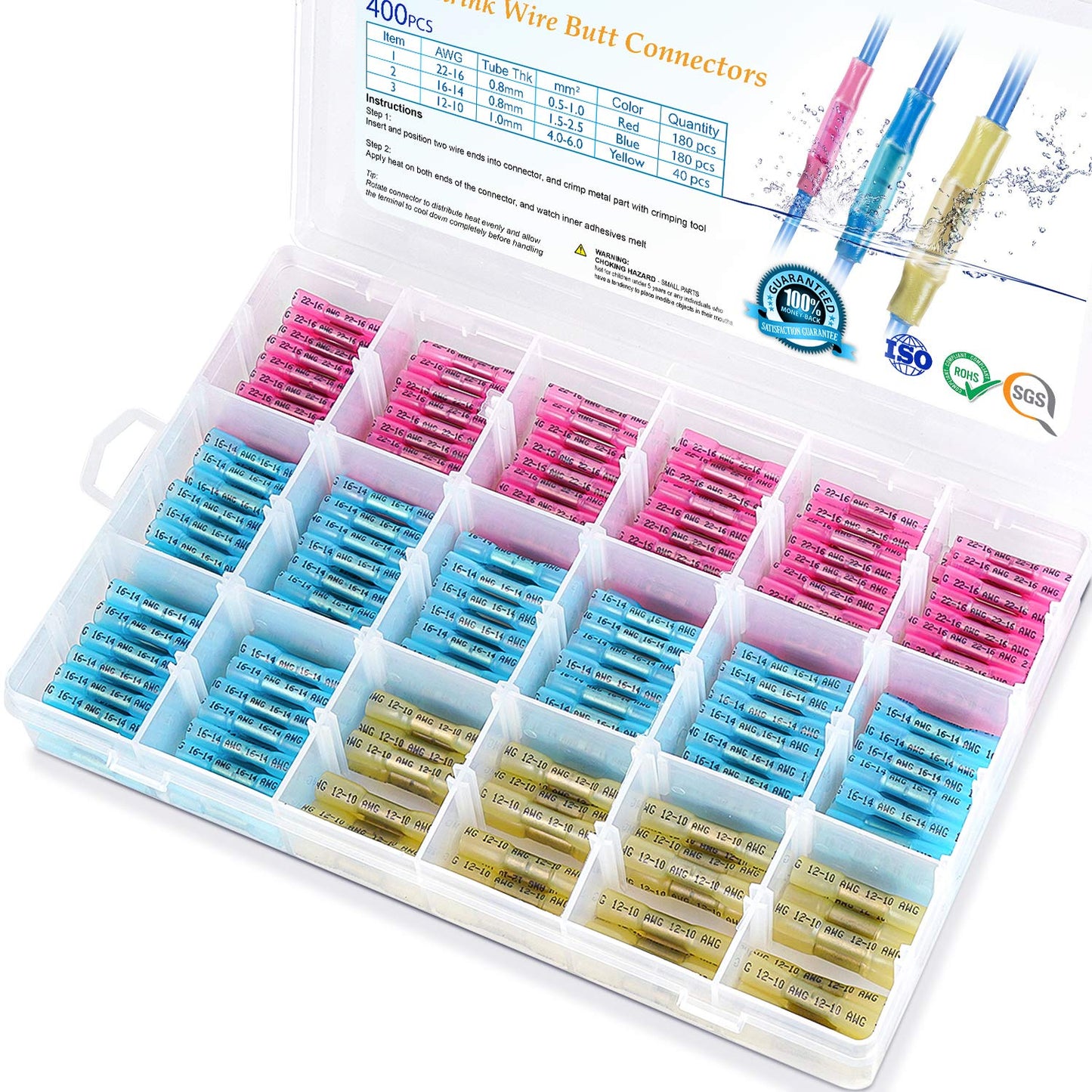 TICONN 100-Piece Insulated Waterproof Heat Shrink Butt Wire Connector Kit for Marine and Automotive Applications