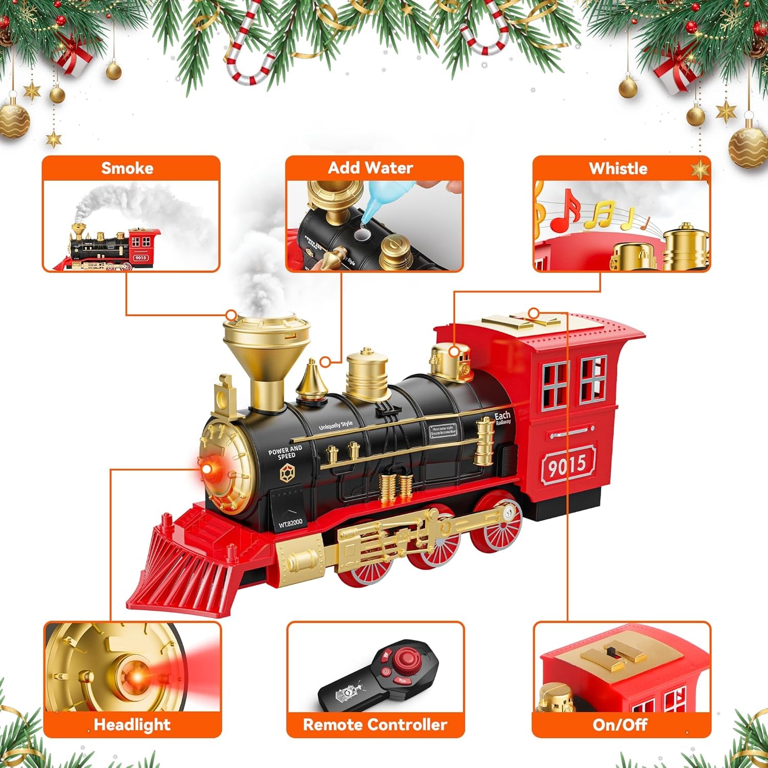 Deluxe Remote Control Train Set with Luxury Tracks, Christmas-Themed Model Train for Ages 3 and Up, Featuring Smoke, Lights, and Sound Effects