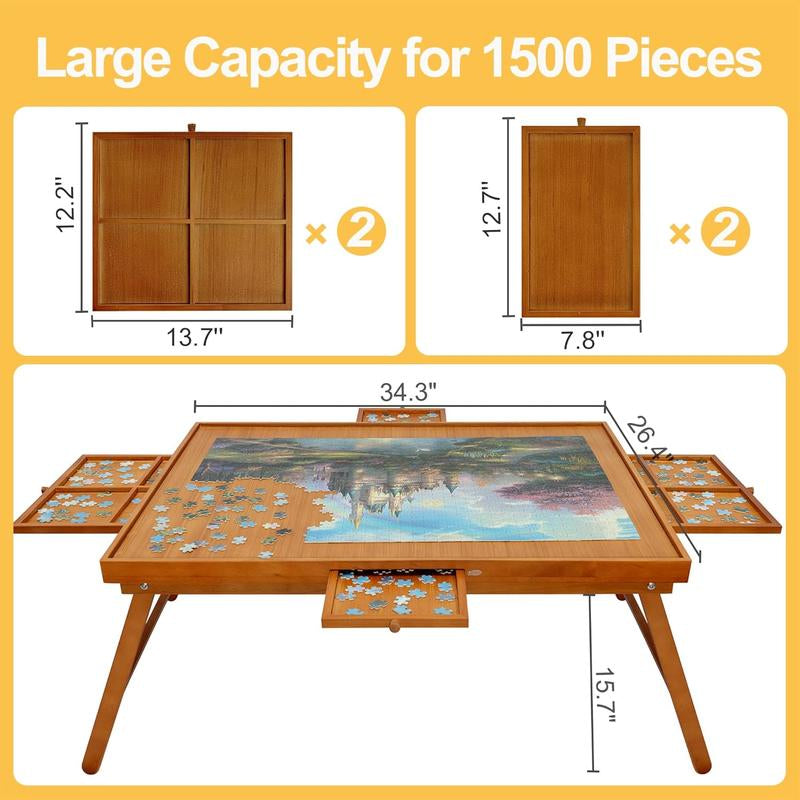 TEAKMAMA 1500-Piece Wooden Jigsaw Puzzle Table with Legs, 4 Drawers & Protective Cover - Portable 34” x 26.3” Folding Puzzle Board for Adults
