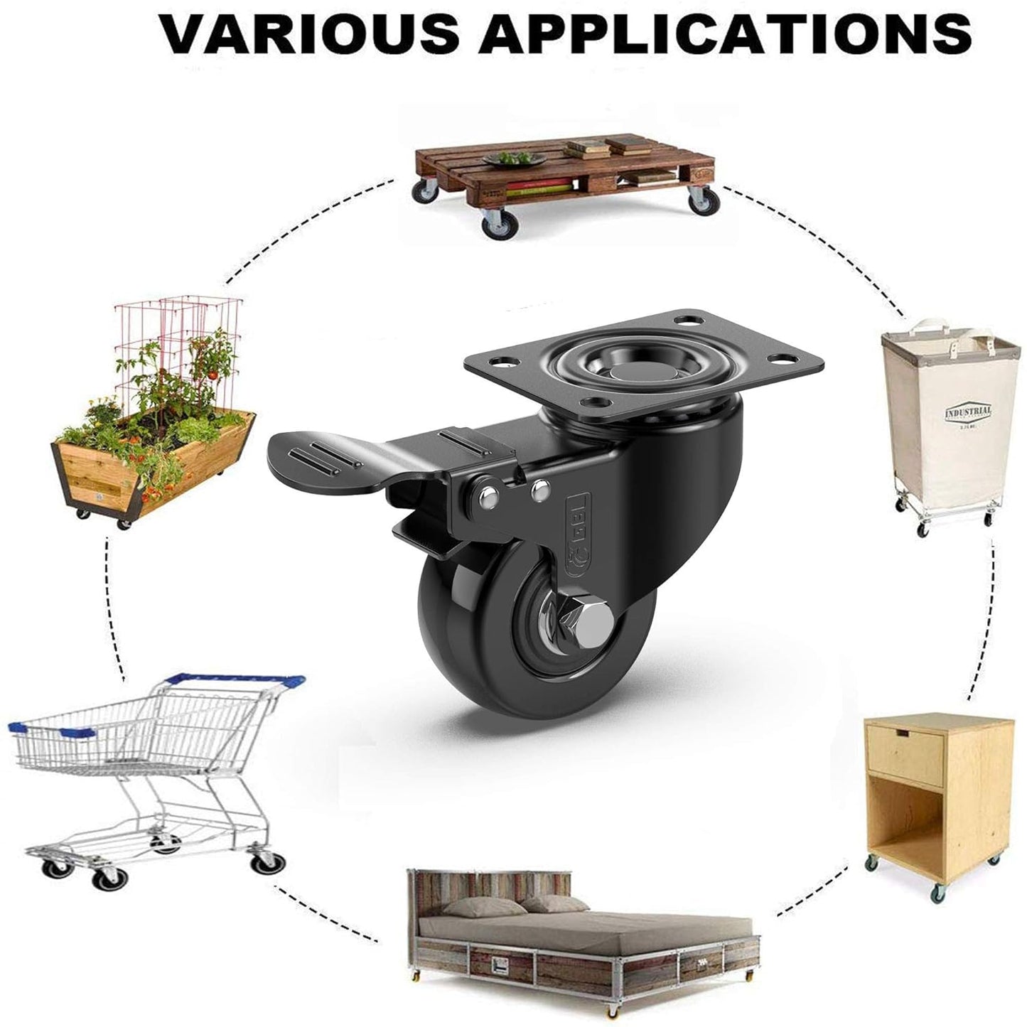 GBL 2-Inch Heavy-Duty Caster Wheels with Dual Brakes and Screws - Supports Up to 440 lbs - Set of 4 Silent Rubber Trolley Wheels for Furniture - Black Finish