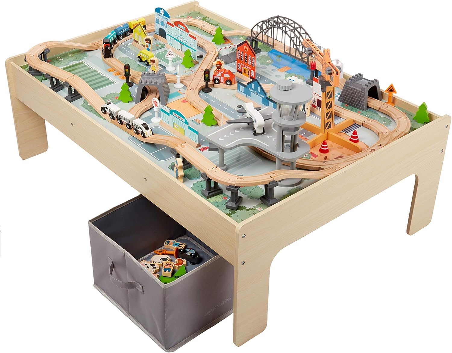 Amazon Basics 120-Piece Wooden Train Set with Table, Durable Tracks, and Storage Bin - Multi-Activity Gift for Children Ages 3 and Up, Dimensions: 48.62 x 18.07 x 7.01 Inches