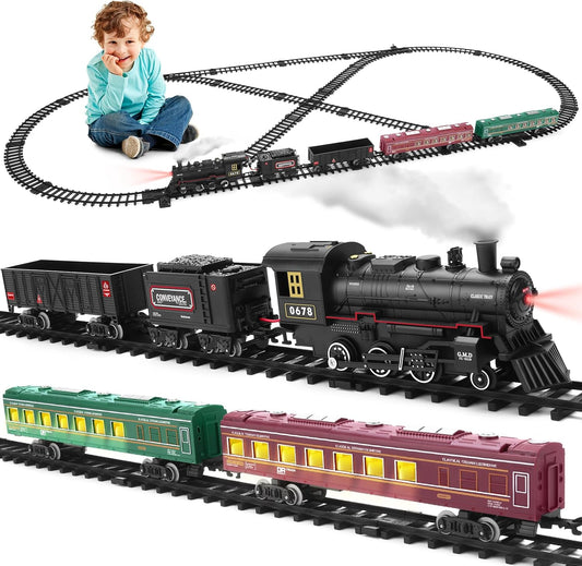 Electric Train Set for Children: Steam Locomotive with Coal Car, Passenger Coach, Cargo Car, Extended Tracks, and Features Smoke, Lights, and Sound - Battery-Powered Railway Kit for Boys and Girls